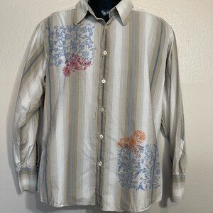 Vintage YMLA Embroidered Striped Button Up Shirt with Floral Cuff